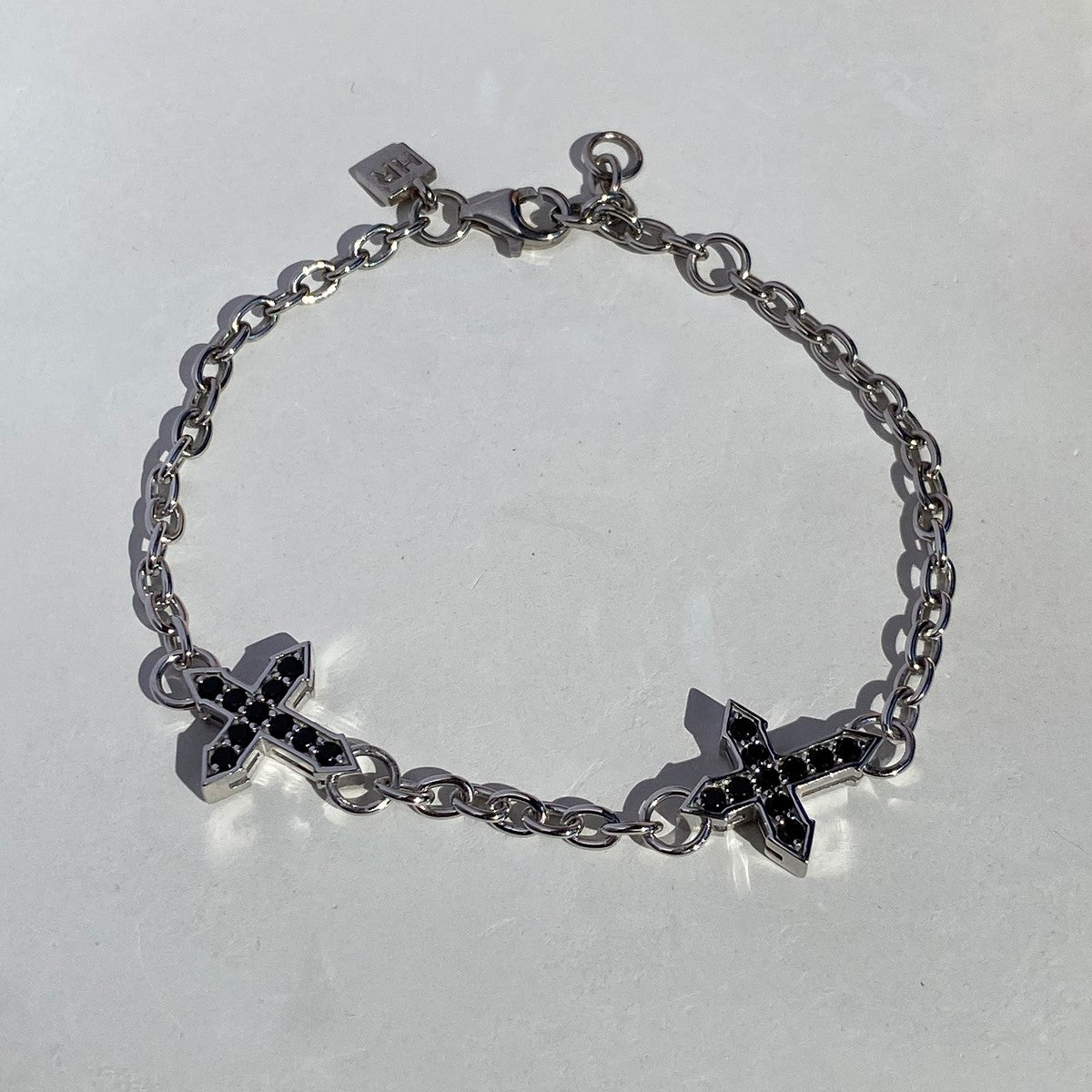 CHAIN BRACELET "TWO CROSSES "GLOW" WITH BLACK SPINEL / SILVER