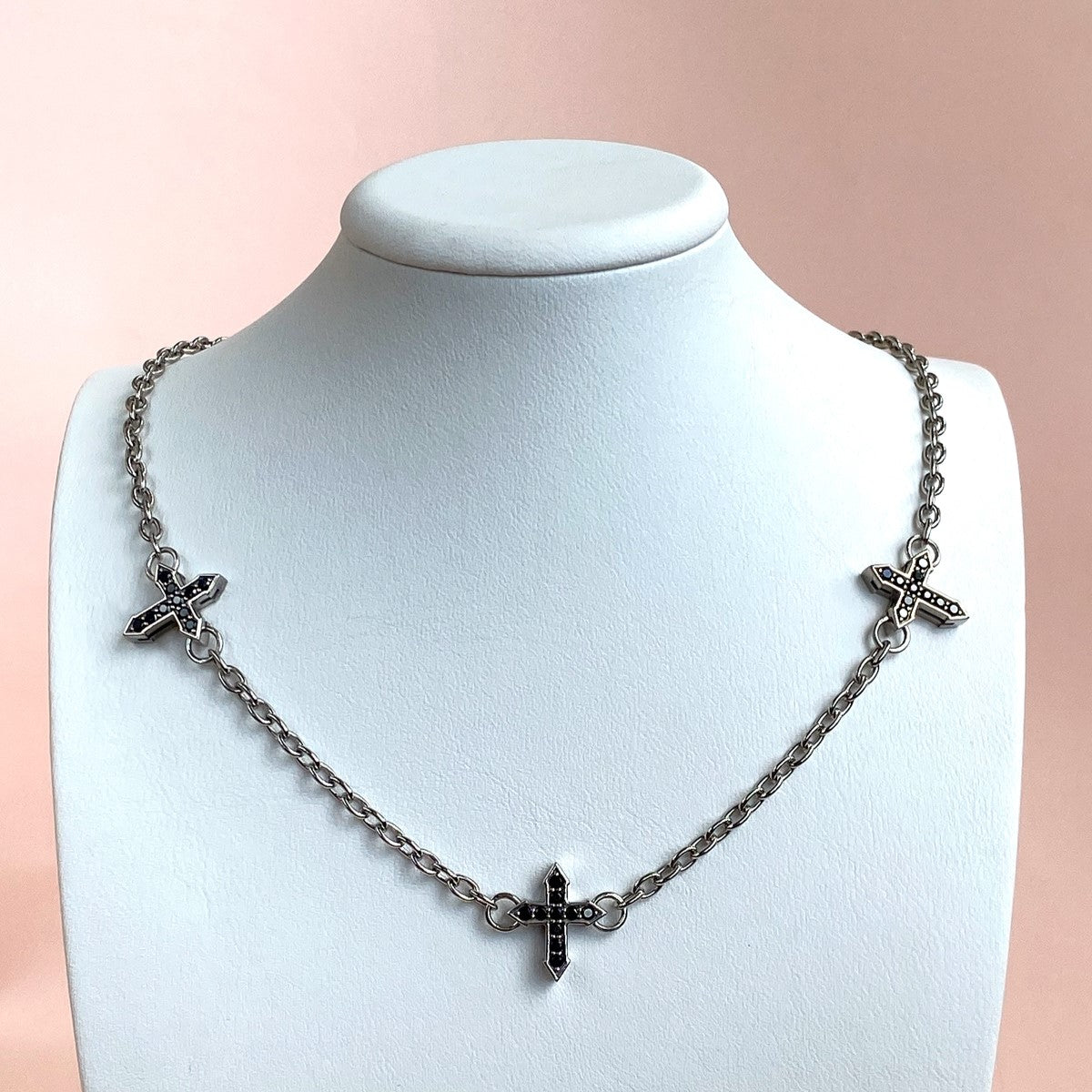 NECKLACE "THREE CROSSES "GLOW" WITH BLACK SPINEL / SILVER