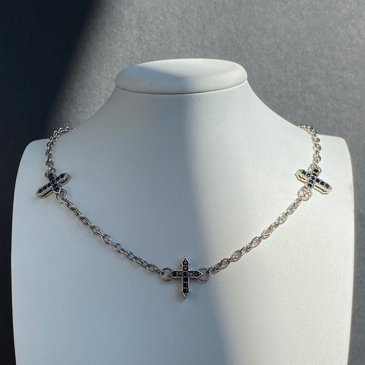 NECKLACE "THREE CROSSES "GLOW" WITH BLACK SPINEL / SILVER