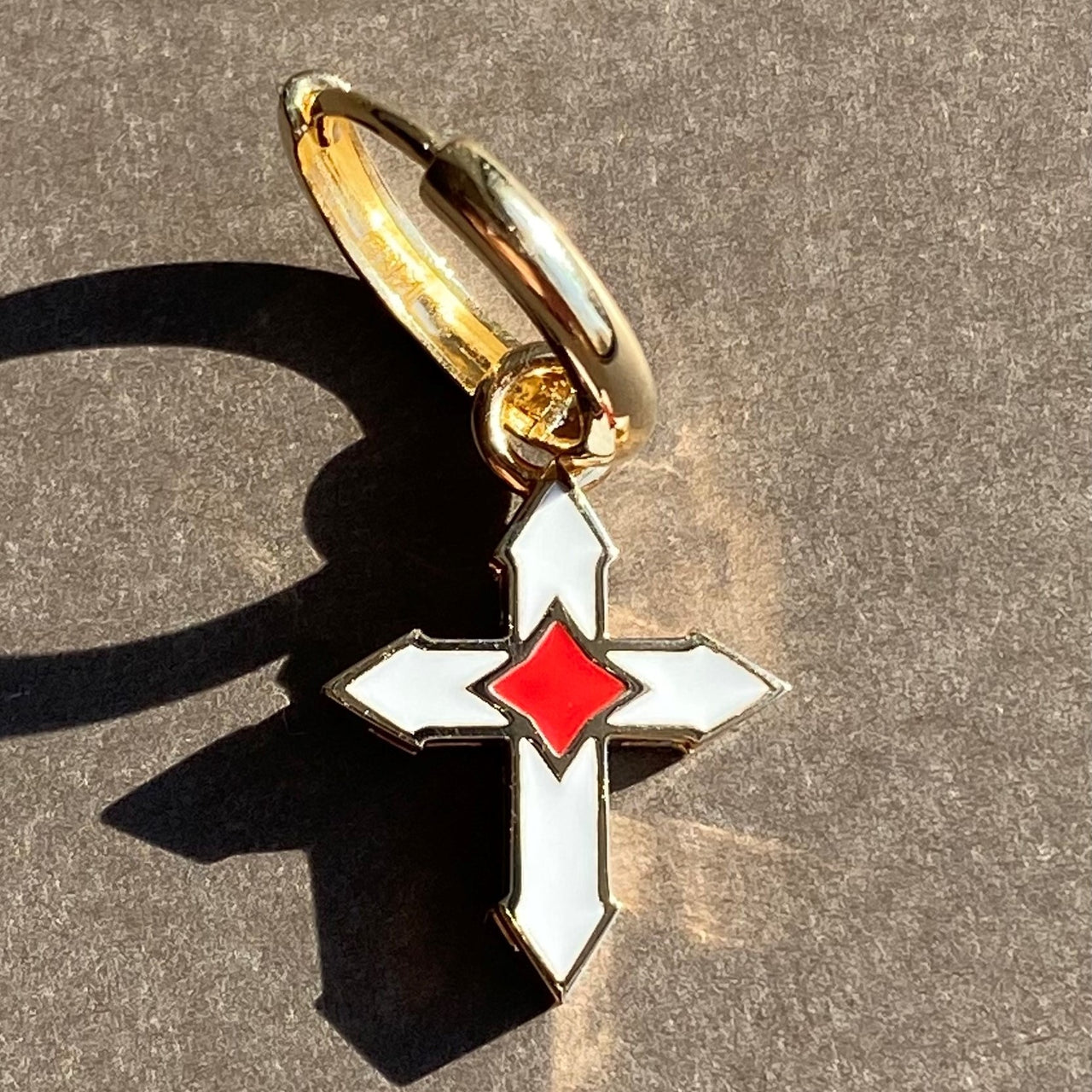 EARRING CROSS "STAINED GLASS" / SOLID YELLOW GOLD & COLORED ENAMEL