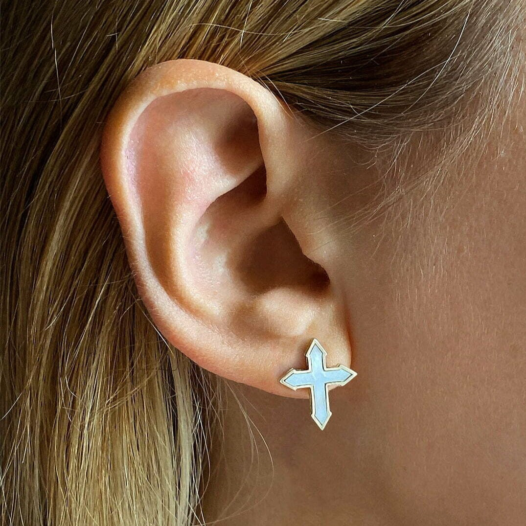 STUD CROSS "VENUS" / SOLID GOLD & WHITE MOTHER-OF-PEARL