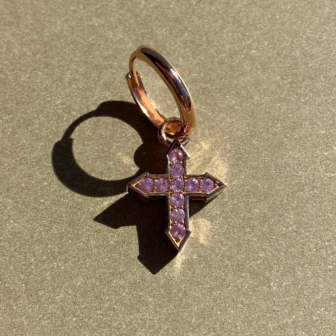 EARRING CROSS "GLOW" WITH PINK SAPPHIRES / SOLID GOLD