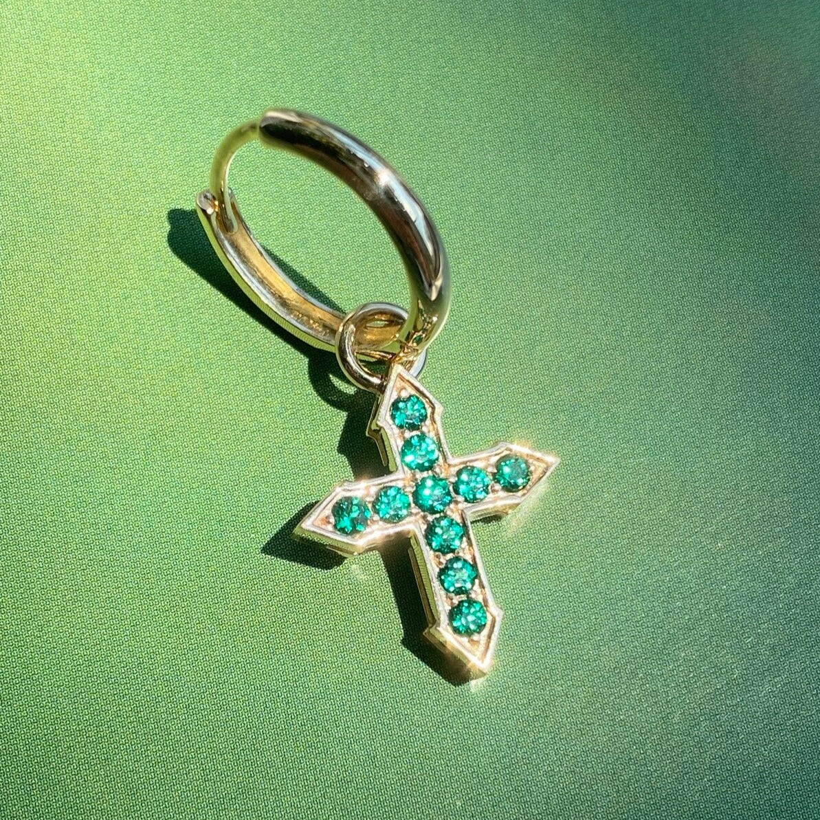 EARRING CROSS "GLOW" WITH EMERALDS / SOLID GOLD