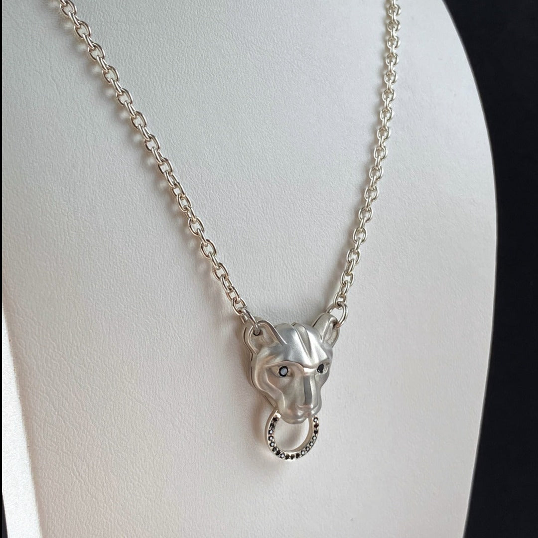 CHAIN WITH PENDANT "PUMA" WITH BLACK DIAMONDS / SILVER