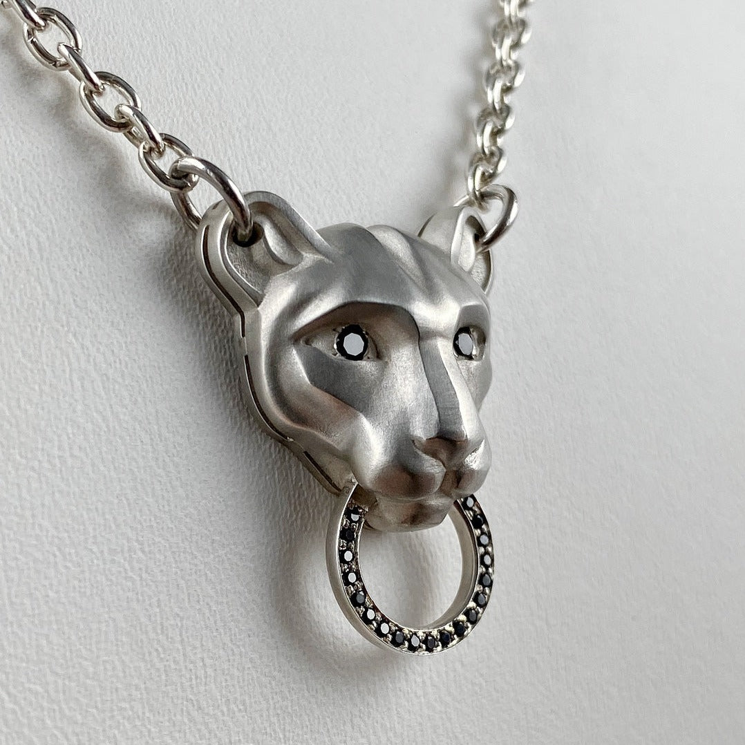 CHAIN WITH PENDANT "PUMA" WITH BLACK DIAMONDS / SILVER