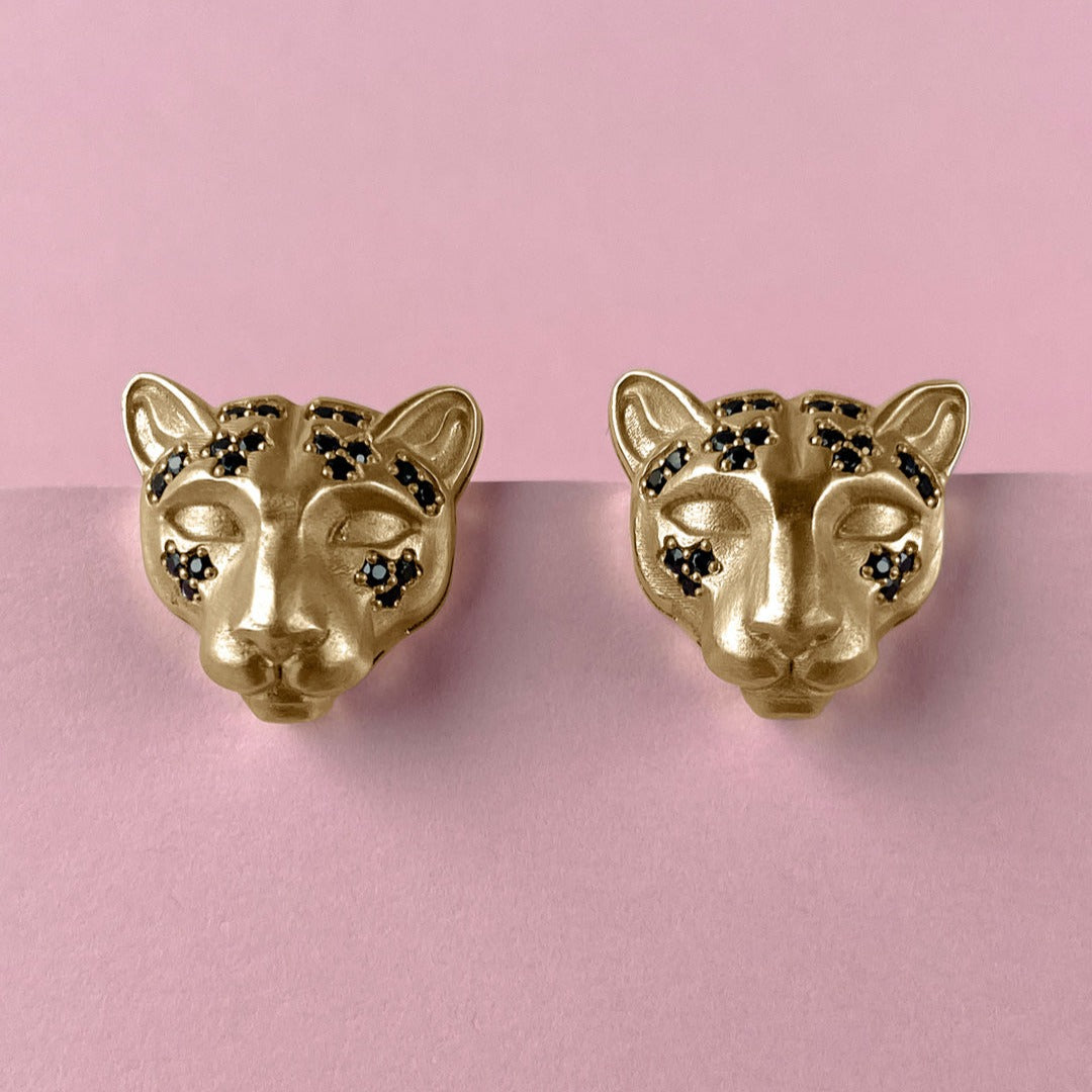 STUDS "LEOPARDS" WITH BLACK DIAMONDS / SOLID GOLD