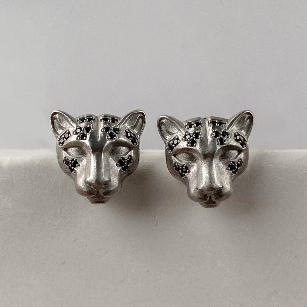 STUDS "LEOPARDS" WITH BLACK DIAMONDS / SILVER