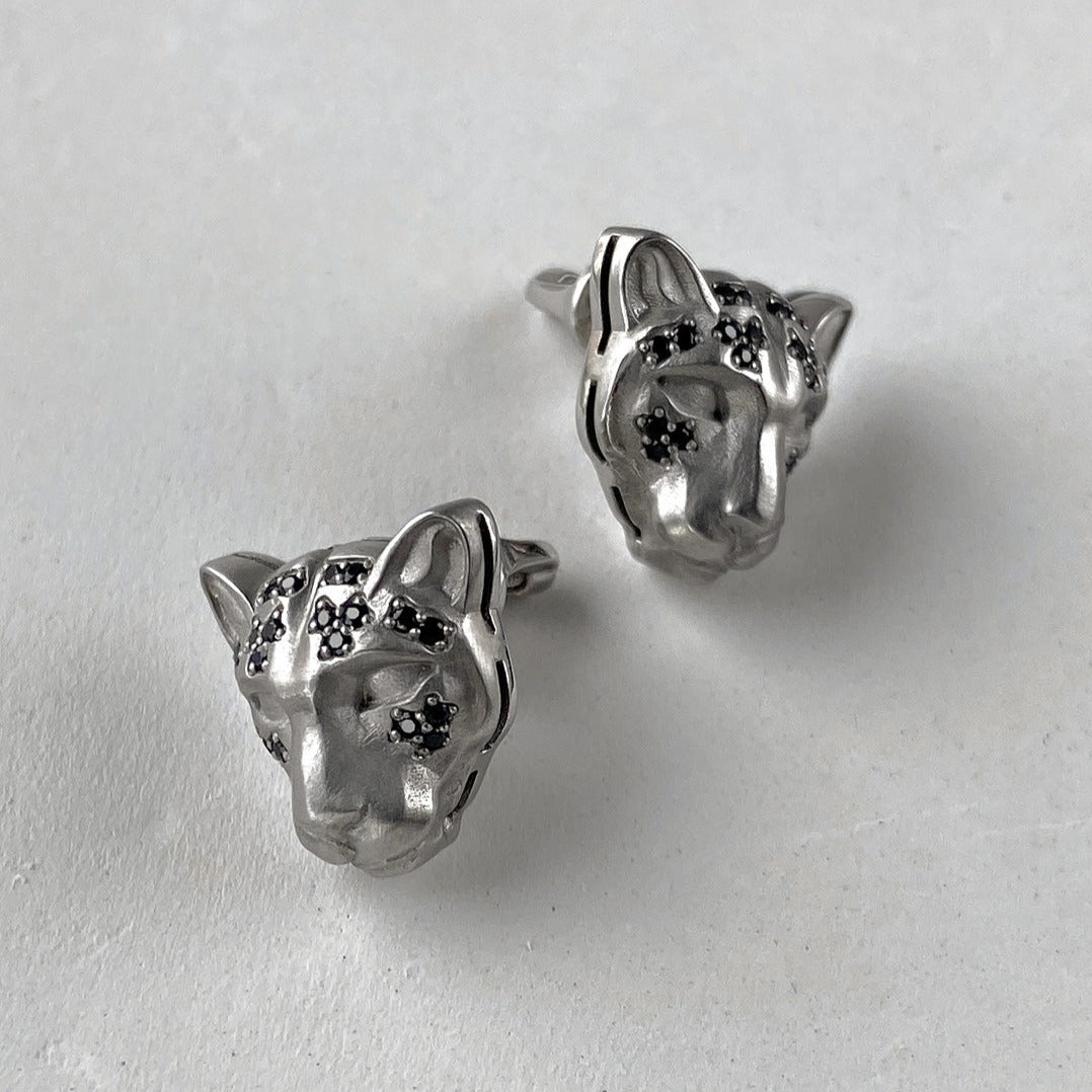STUDS "LEOPARDS" WITH BLACK DIAMONDS / SILVER