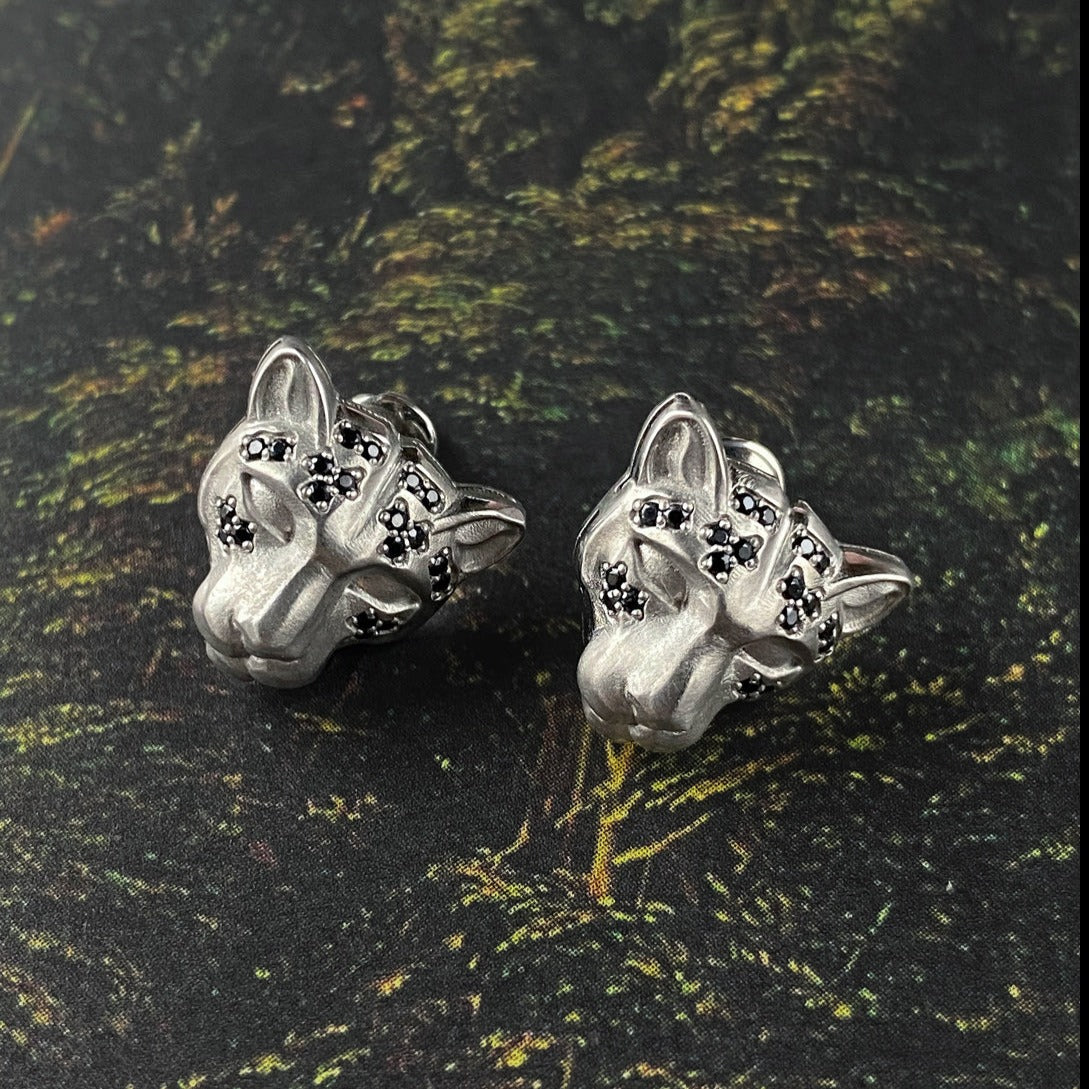 STUDS "LEOPARDS" WITH BLACK DIAMONDS / SILVER
