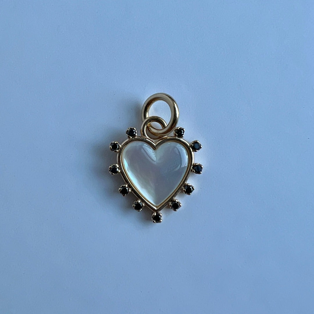PENDANT "HEART" WITH MOTHER-OF-PEARL & BLACK DIAMONDS / SOLID GOLD