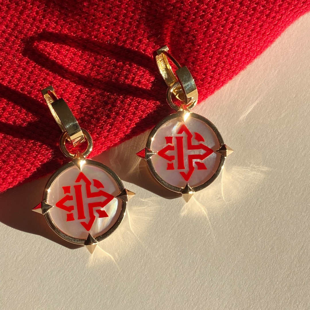 EARRINGS "COMPASSES" WITH MOTHER-OF-PEARL CAMEO / SOLID GOLD
