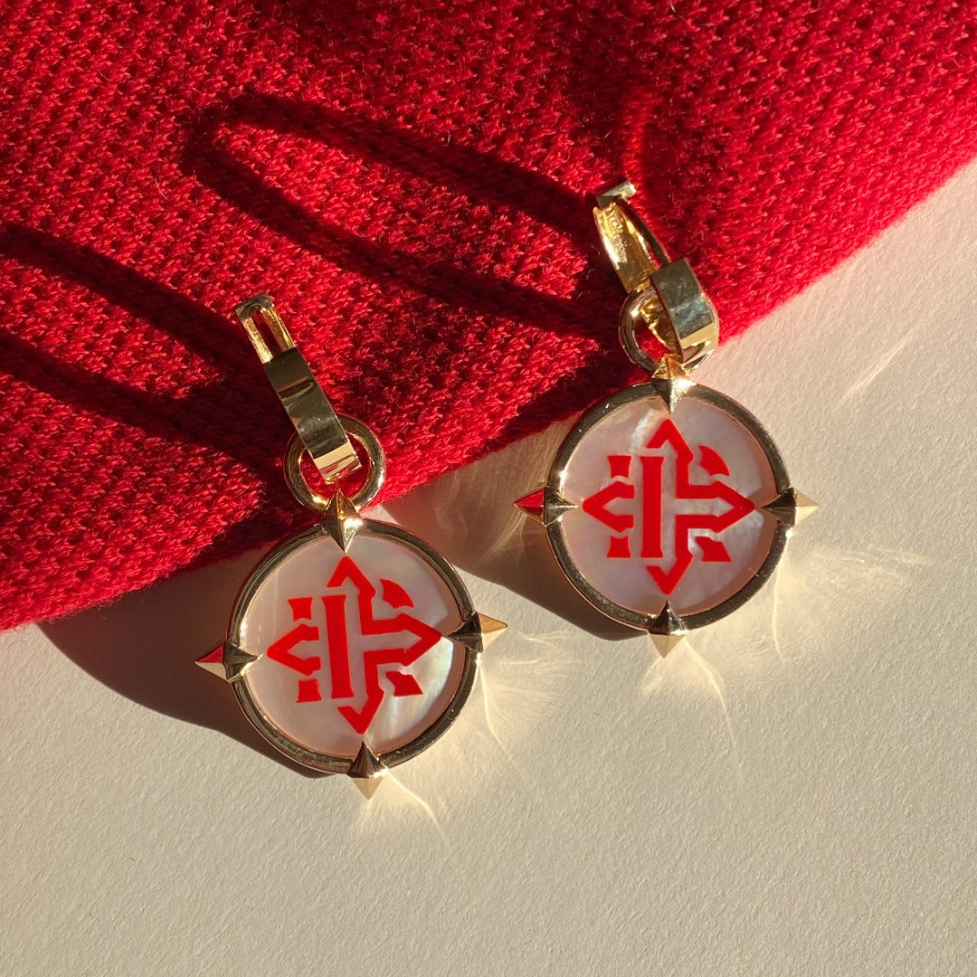 EARRINGS "COMPASSES" WITH MOTHER-OF-PEARL CAMEO / SOLID GOLD
