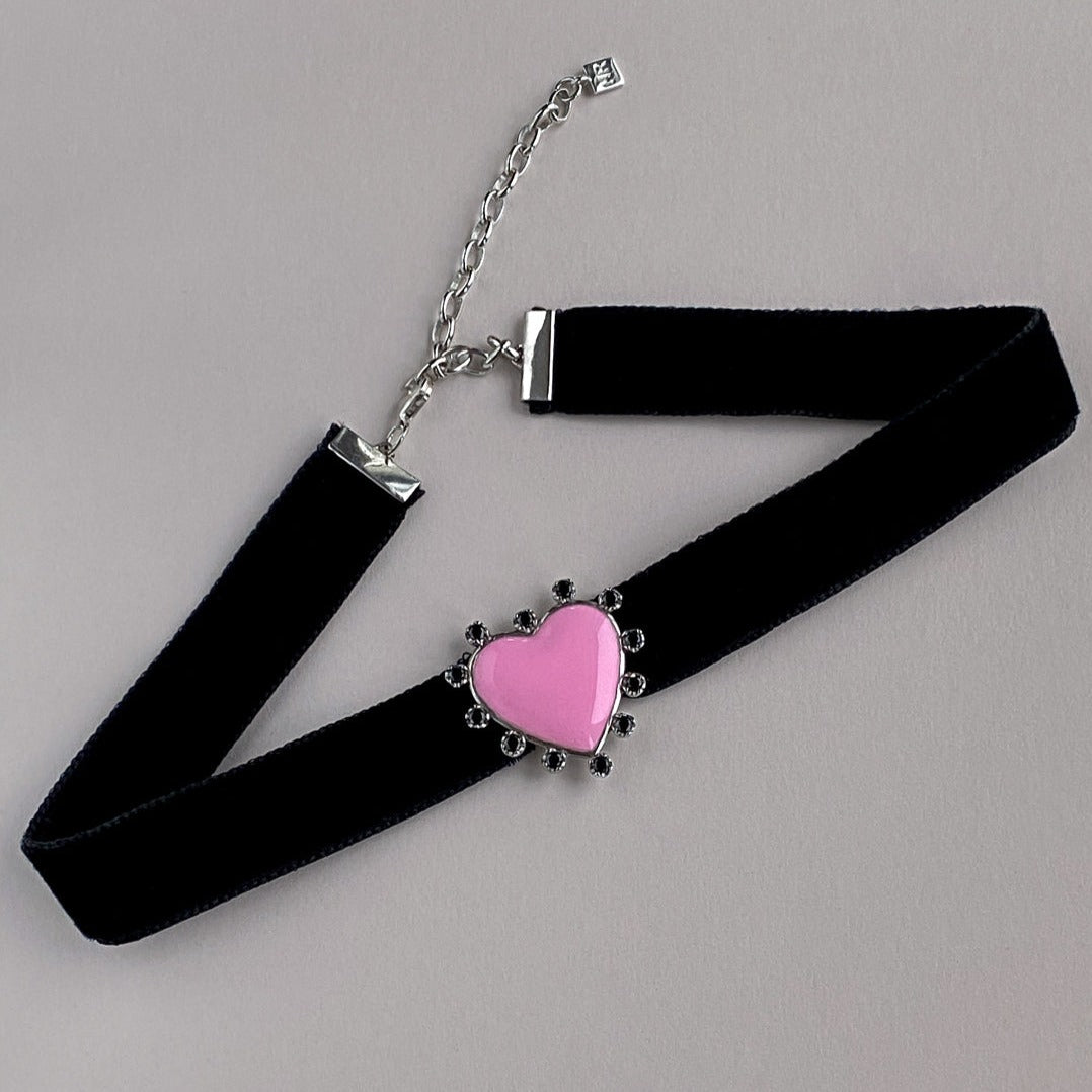 CHOKER "BIG HEART" WITH ENAMEL & BLACK SPINEL / SILVER