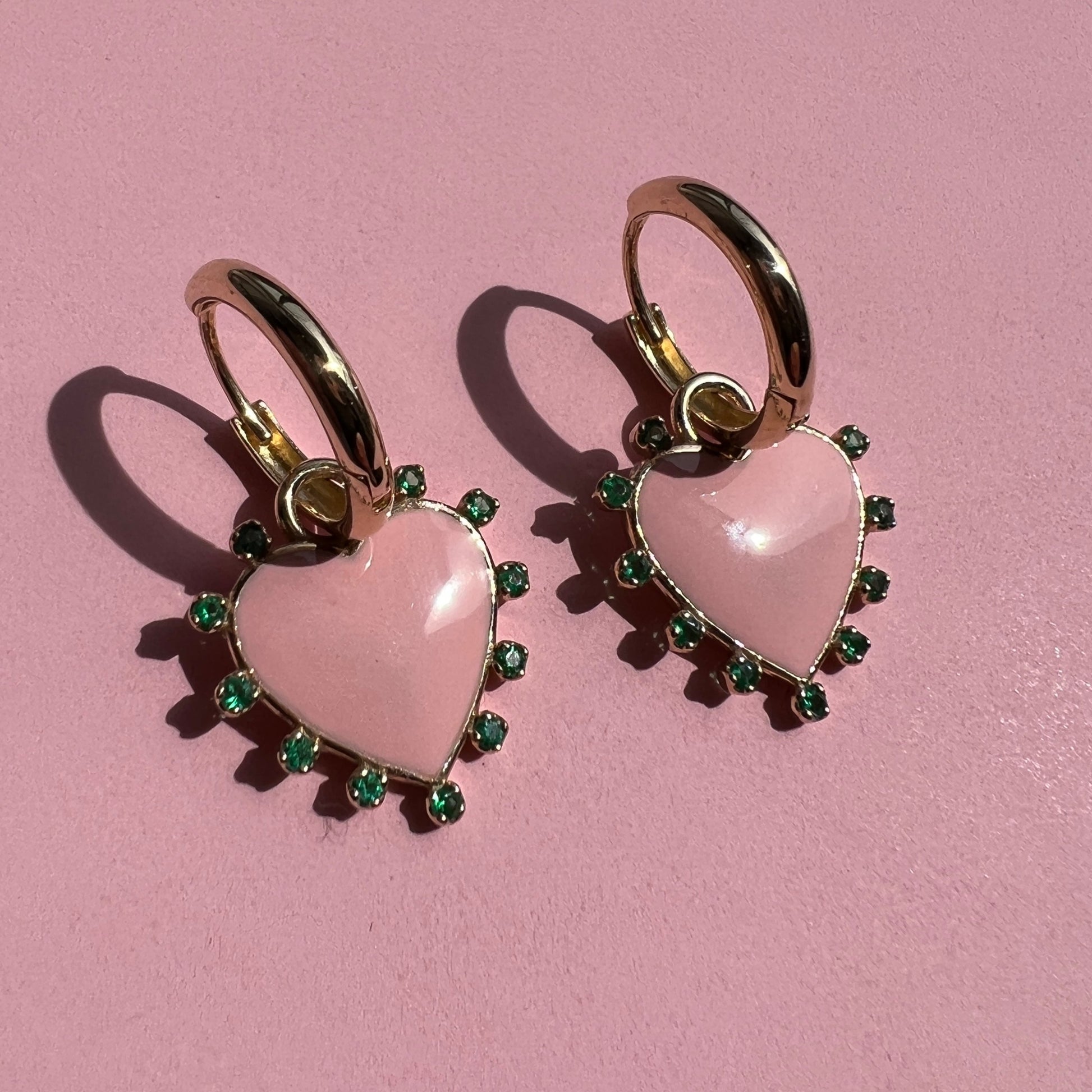 EARRINGS "HEART" WITH PINK ENAMEL & EMERALDS / SOLID GOLD