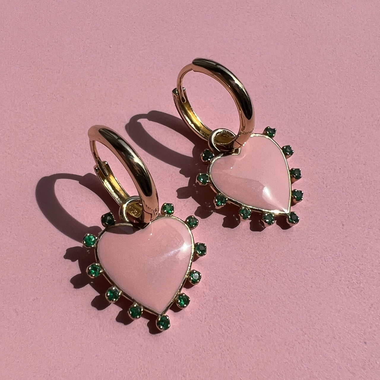 EARRINGS "HEART" WITH PINK ENAMEL & EMERALDS / SOLID GOLD