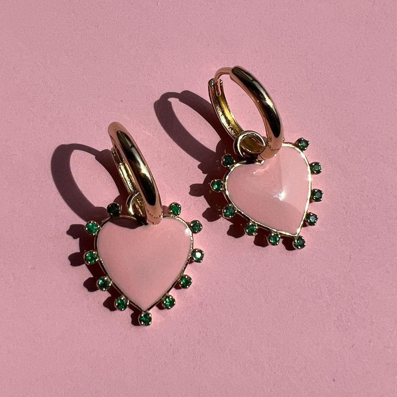EARRINGS "HEART" WITH PINK ENAMEL & EMERALDS / SOLID GOLD