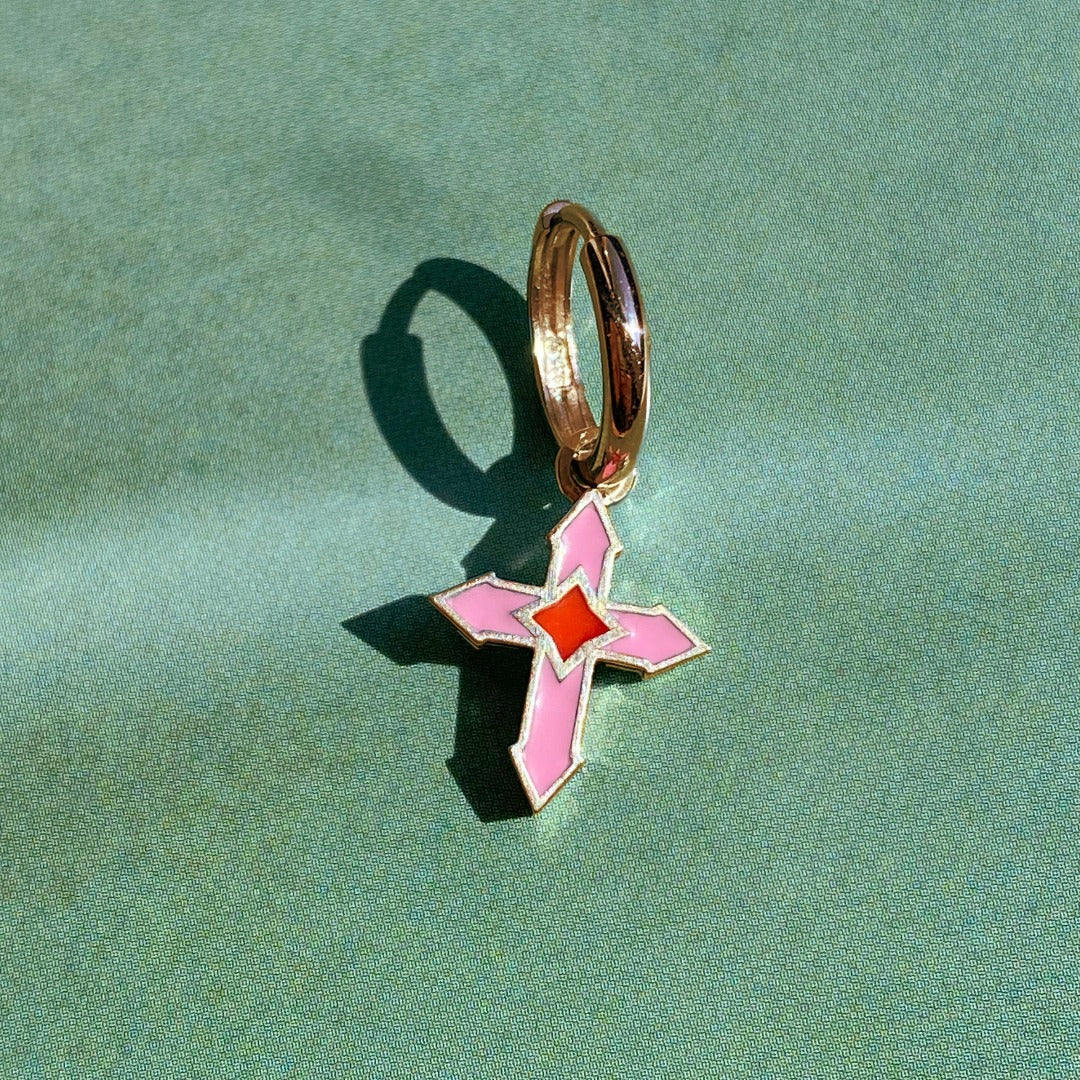 EARRING CROSS "STAINED GLASS" / SOLID YELLOW GOLD & COLORED ENAMEL