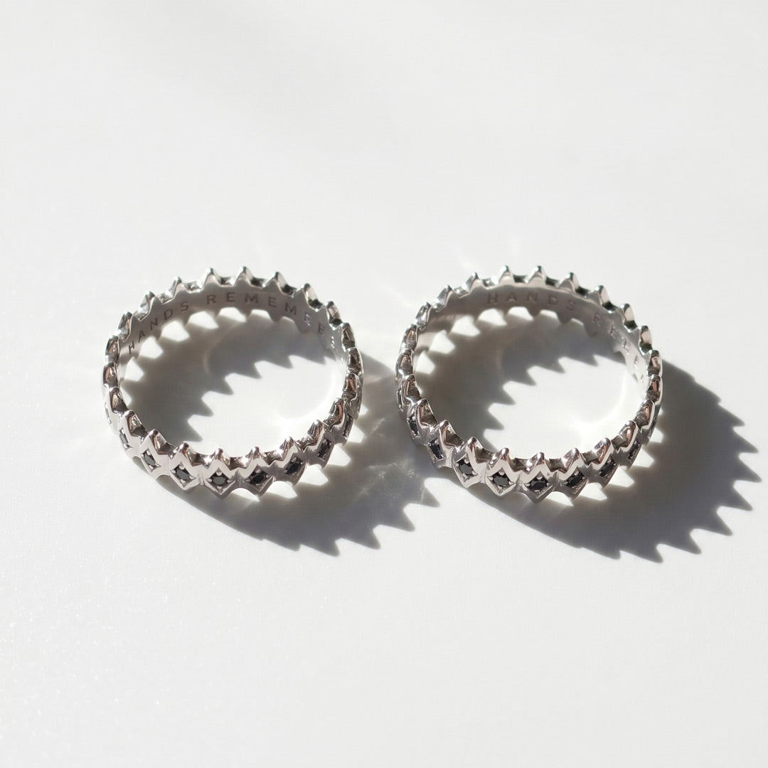 Pair of white gold rings with black diamonds on a white background