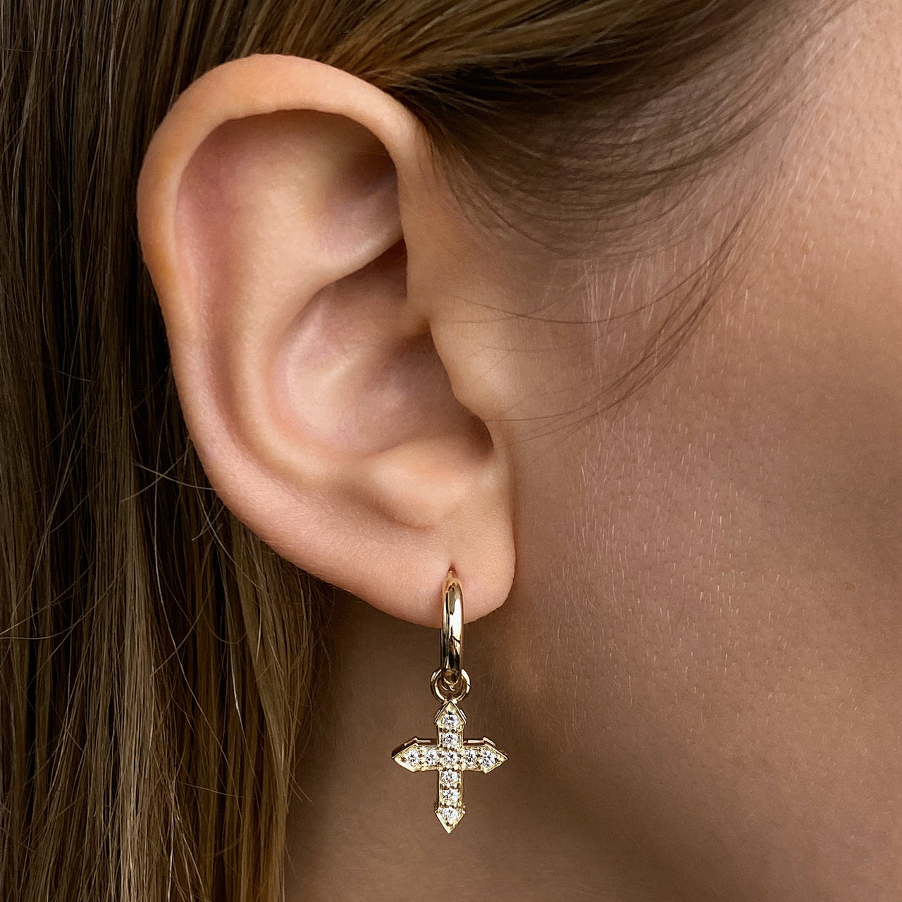 EARRING CROSS "GLOW" WITH WHITE DIAMONDS / SOLID GOLD