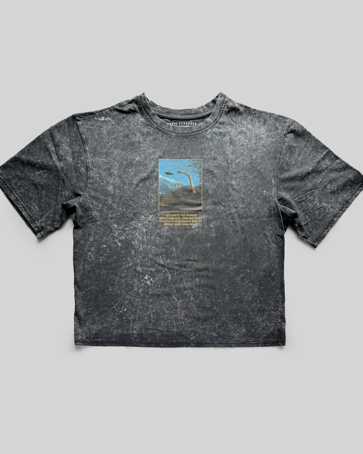 Gray t-shirt with a graphic design on a gray background
