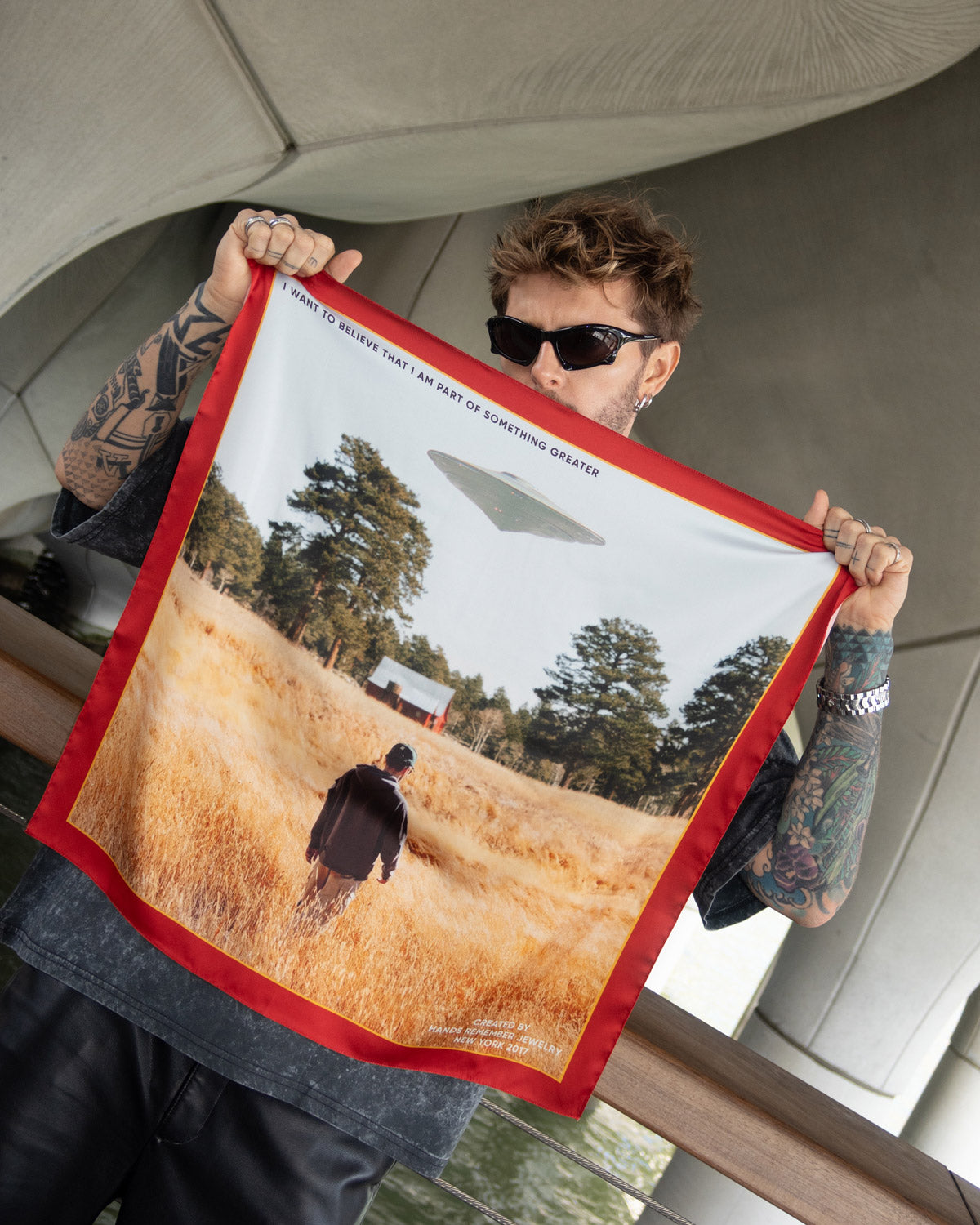 Person standing in a field with a UFO over them, framed by a red border.