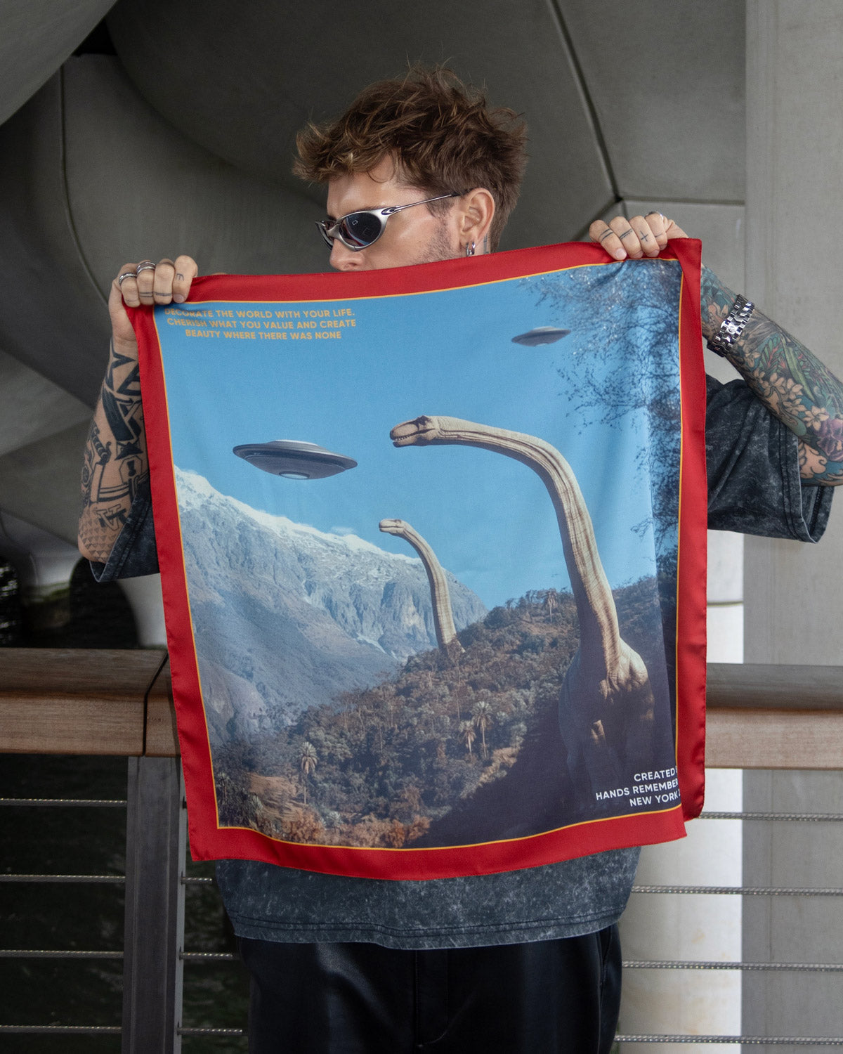 Scarf with UFO design and red border on a gray background