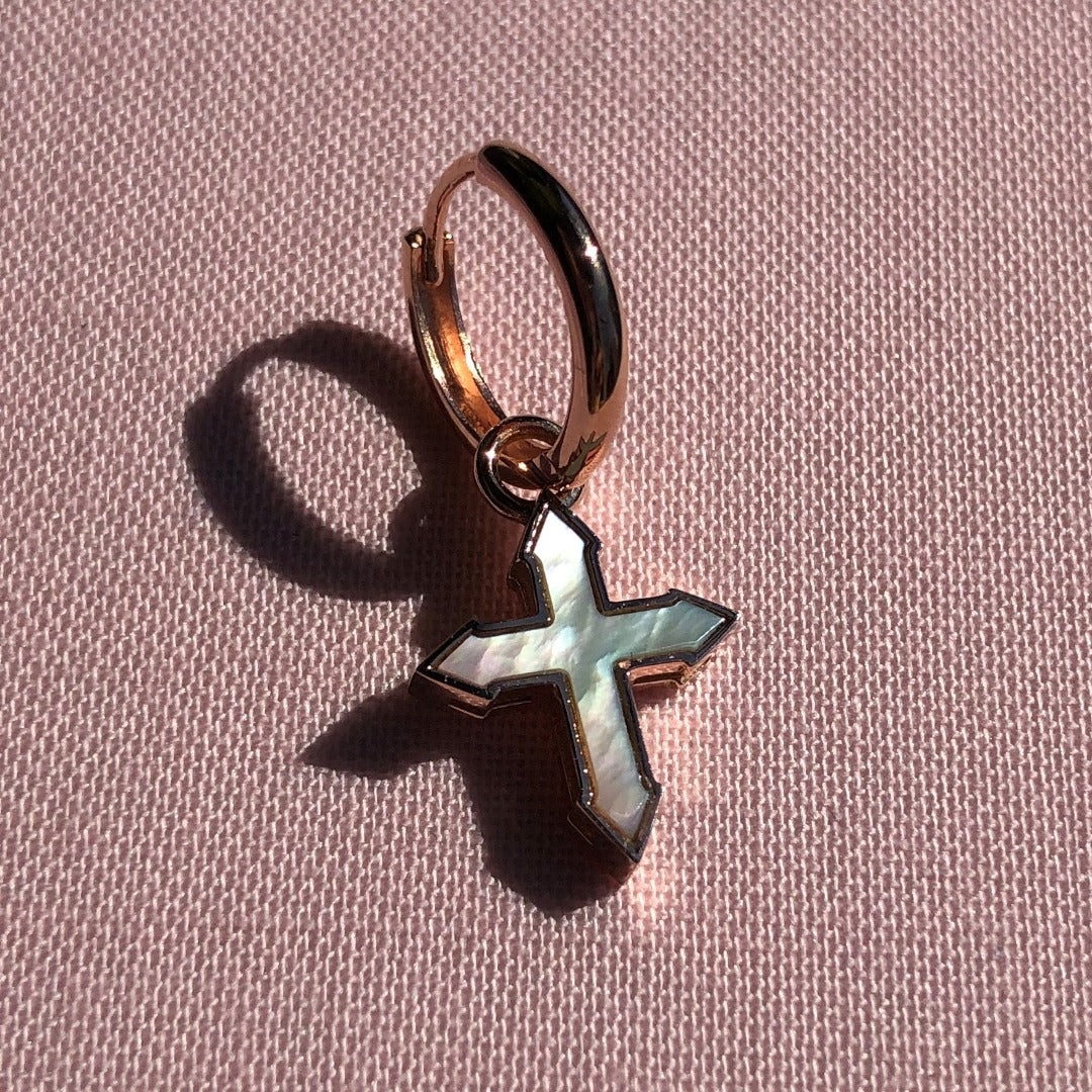 EARRING CROSS "VENUS" WITH  WHITE MOTHER-OF-PEARL / SOLID ROSE GOLD