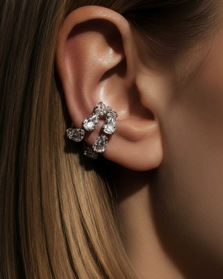 Minerals Maxi ear cuff with rock crystals worn on the ear, front-side view.