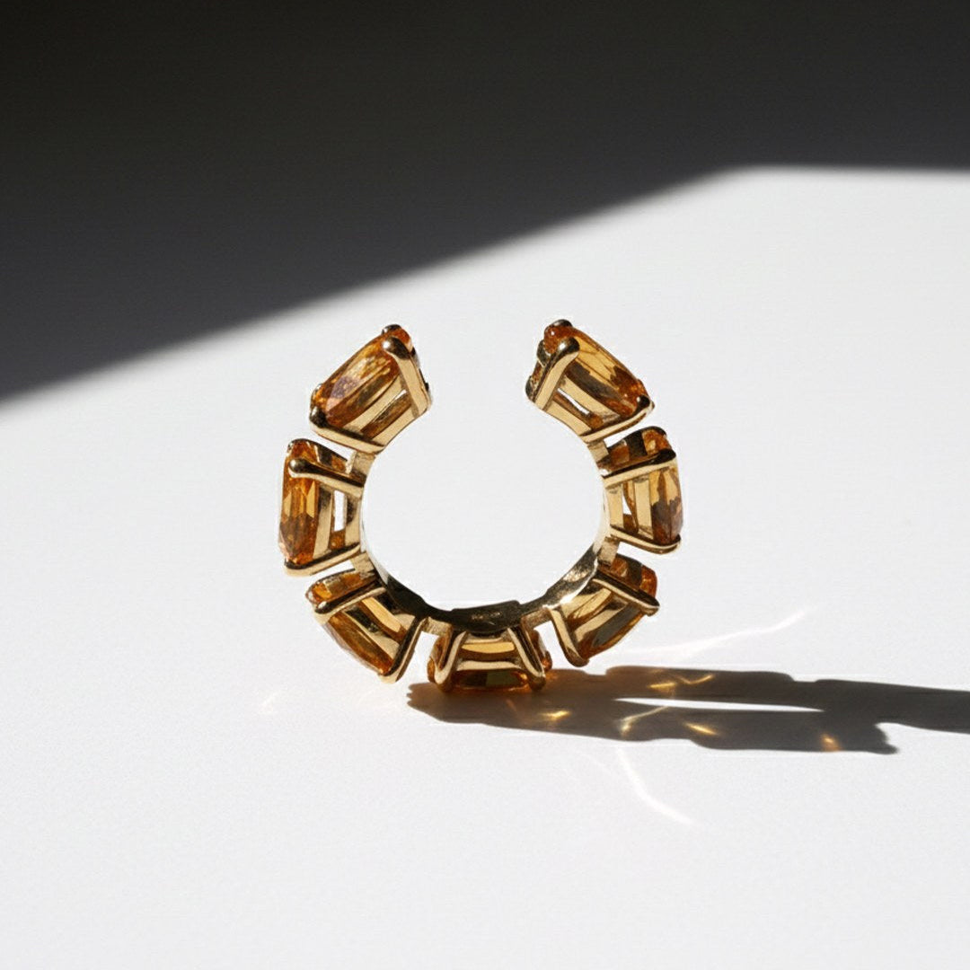 Minerals Maxi ear cuff in gold-plated sterling silver with 7 pear-cut yellow citrines, back view.