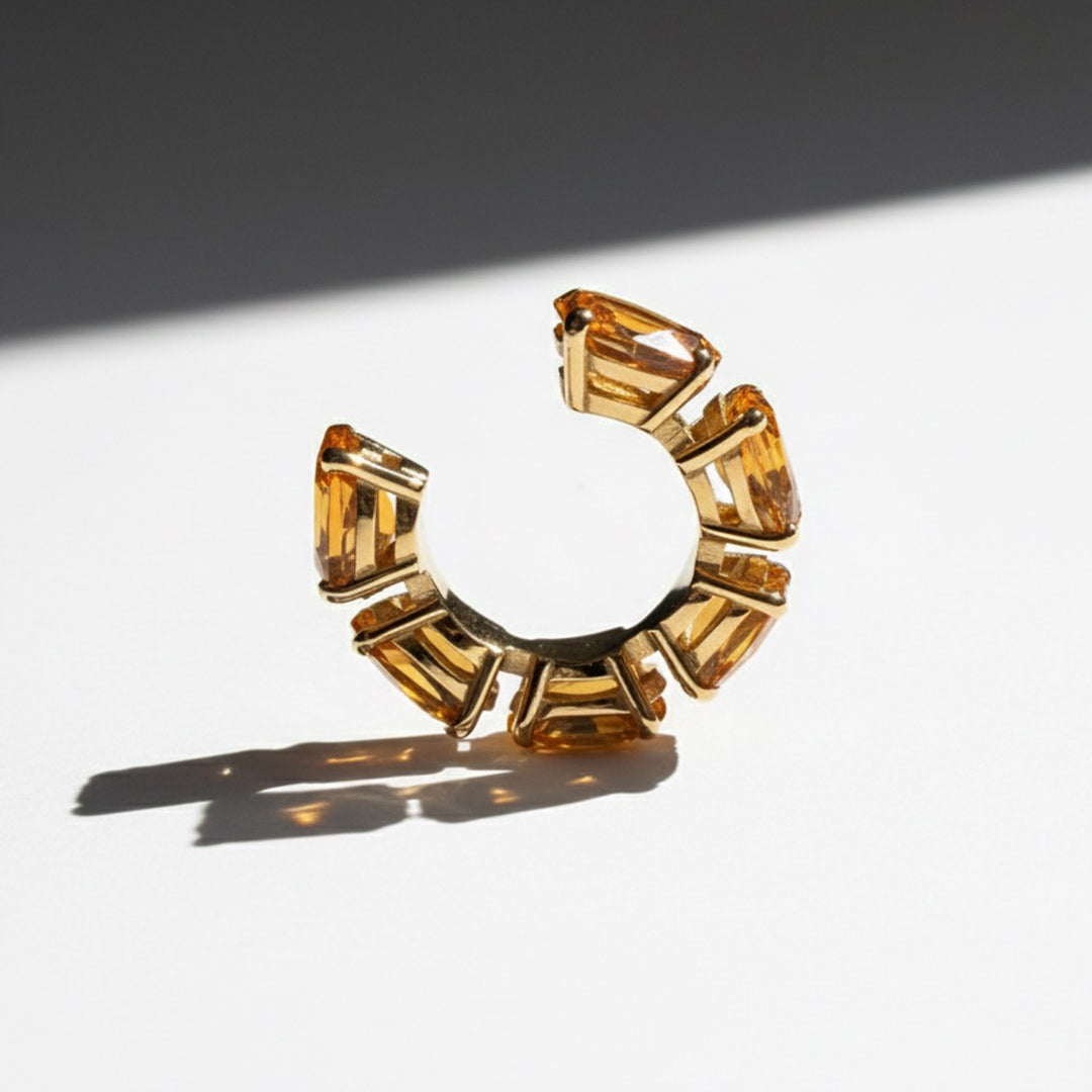 Minerals Mini ear cuff in gold-plated sterling silver with 6 pear-cut yellow citrines, back view.