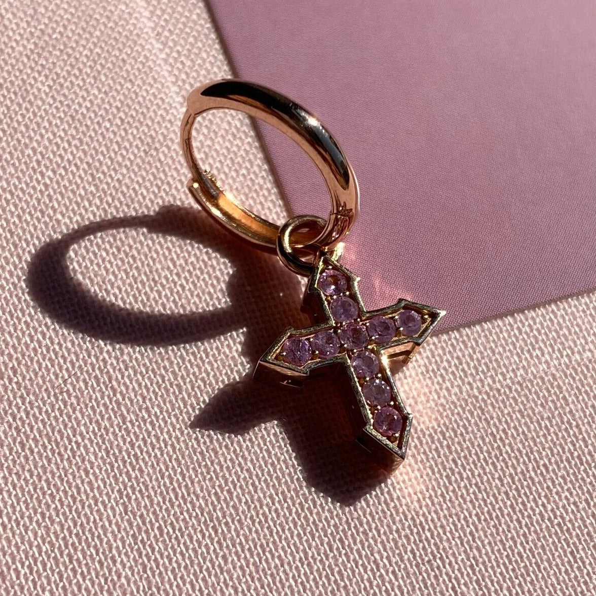 EARRING CROSS "GLOW" WITH PINK SAPPHIRES / SOLID GOLD
