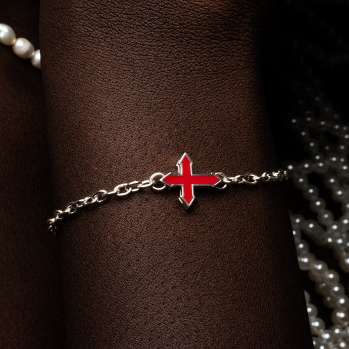 CHAIN BRACELET WITH A CROSS "THE DROP OF RED" / SILVER & RED ENAMEL