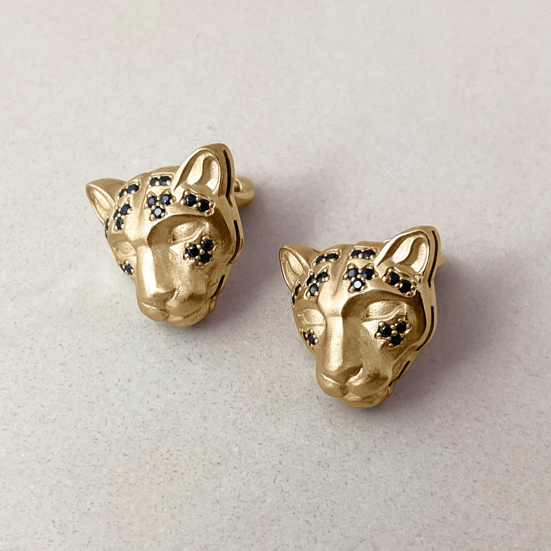 STUDS "LEOPARDS" WITH BLACK DIAMONDS / SOLID GOLD