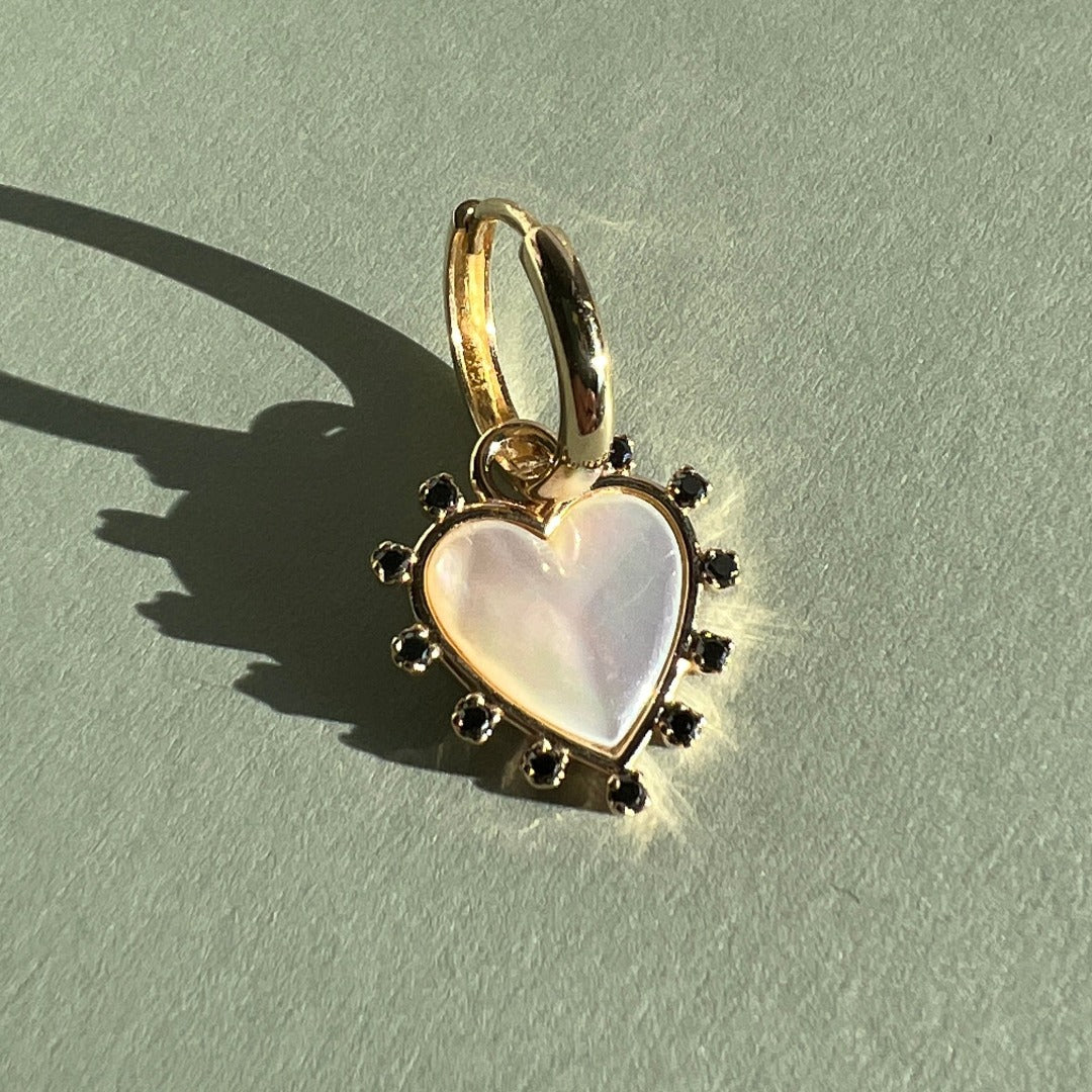 EARRING "HEART" WITH MOTHER-OF-PEARL & BLACK DIAMONDS / SOLID GOLD