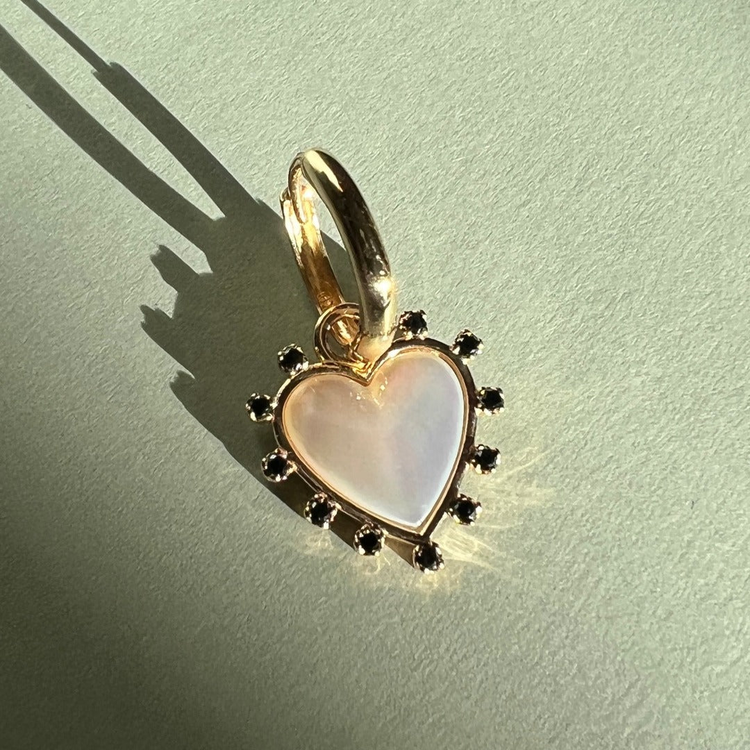 EARRING "HEART" WITH MOTHER-OF-PEARL & BLACK DIAMONDS / SOLID GOLD