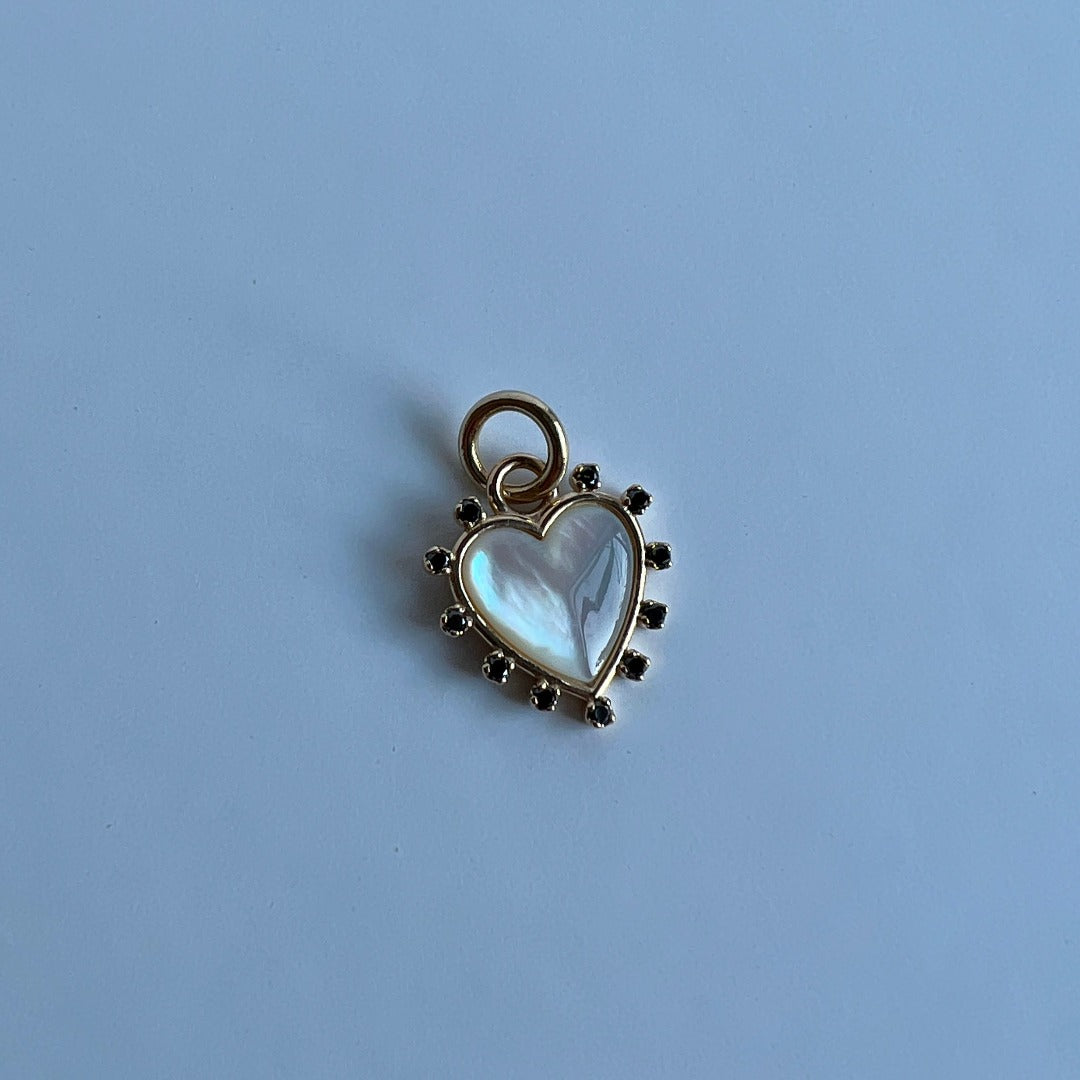 PENDANT "HEART" WITH MOTHER-OF-PEARL & BLACK DIAMONDS / SOLID GOLD