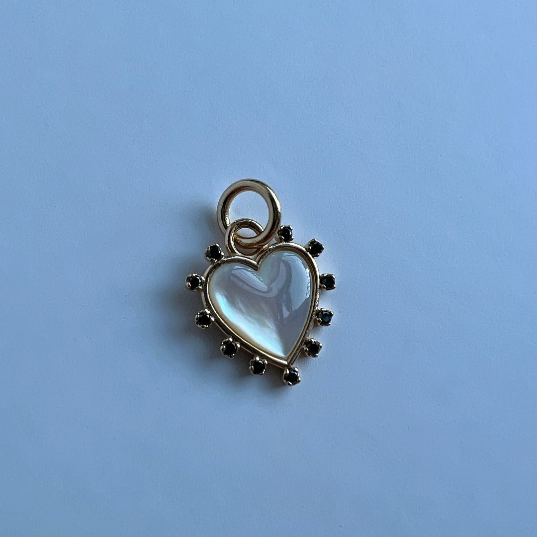 PENDANT "HEART" WITH MOTHER-OF-PEARL & BLACK DIAMONDS / SOLID GOLD