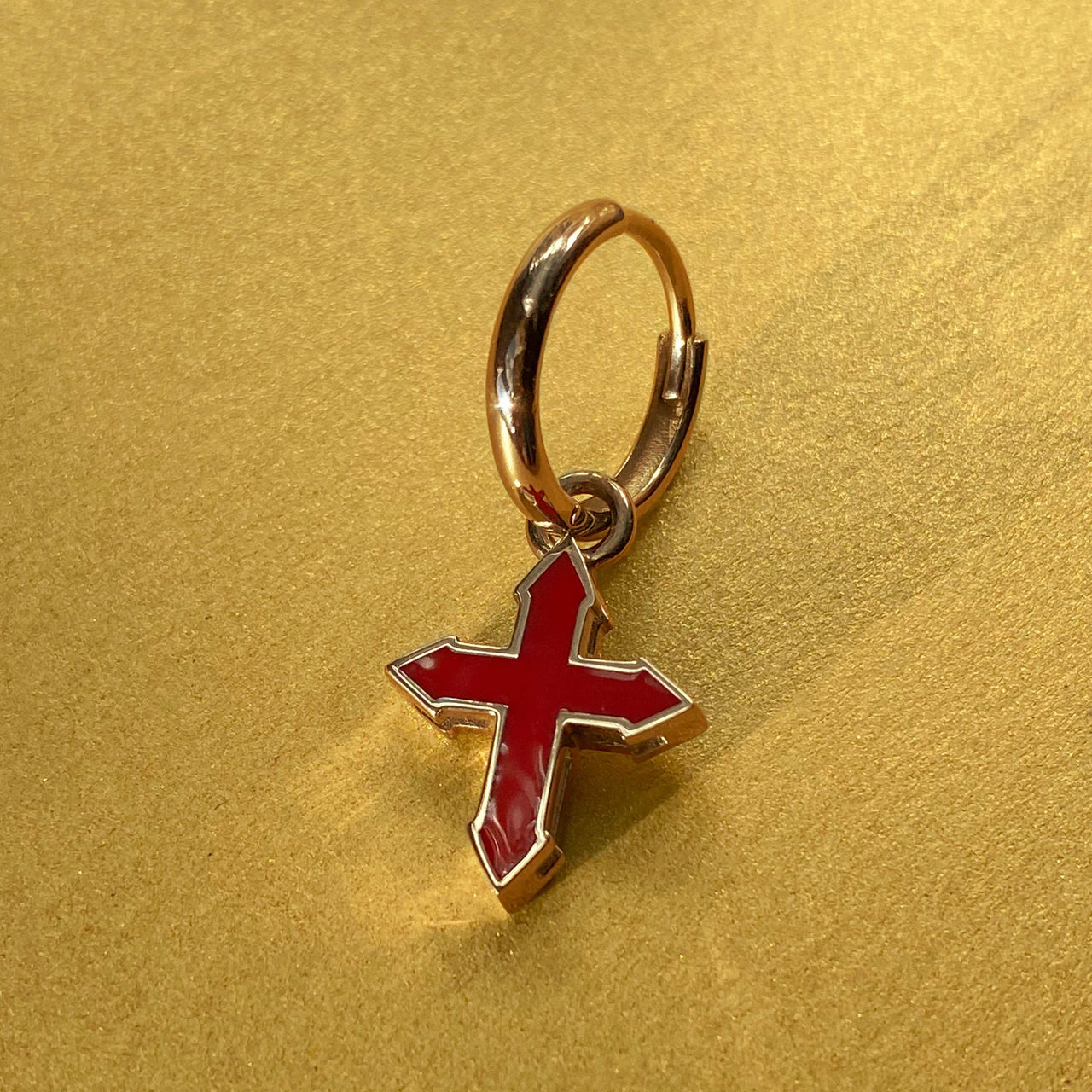 EARRING CROSS "A DROP OF RED" / SOLID GOLD & RED ENAMEL